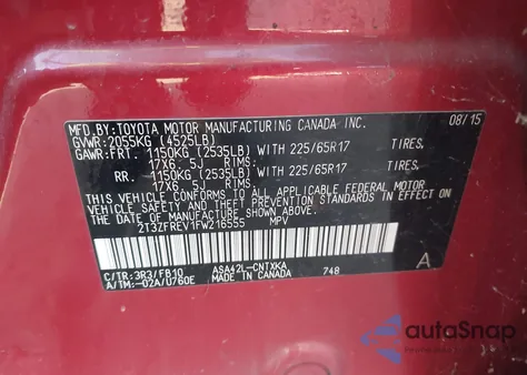 2015 Toyota Rav4 Le from USA, damaged, VIN 2T3ZFREV1FW216555